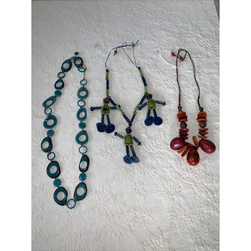 Tagua Nut 3 Necklace Lot ~ Blue Green Red Orange Turquoise‎ Figures